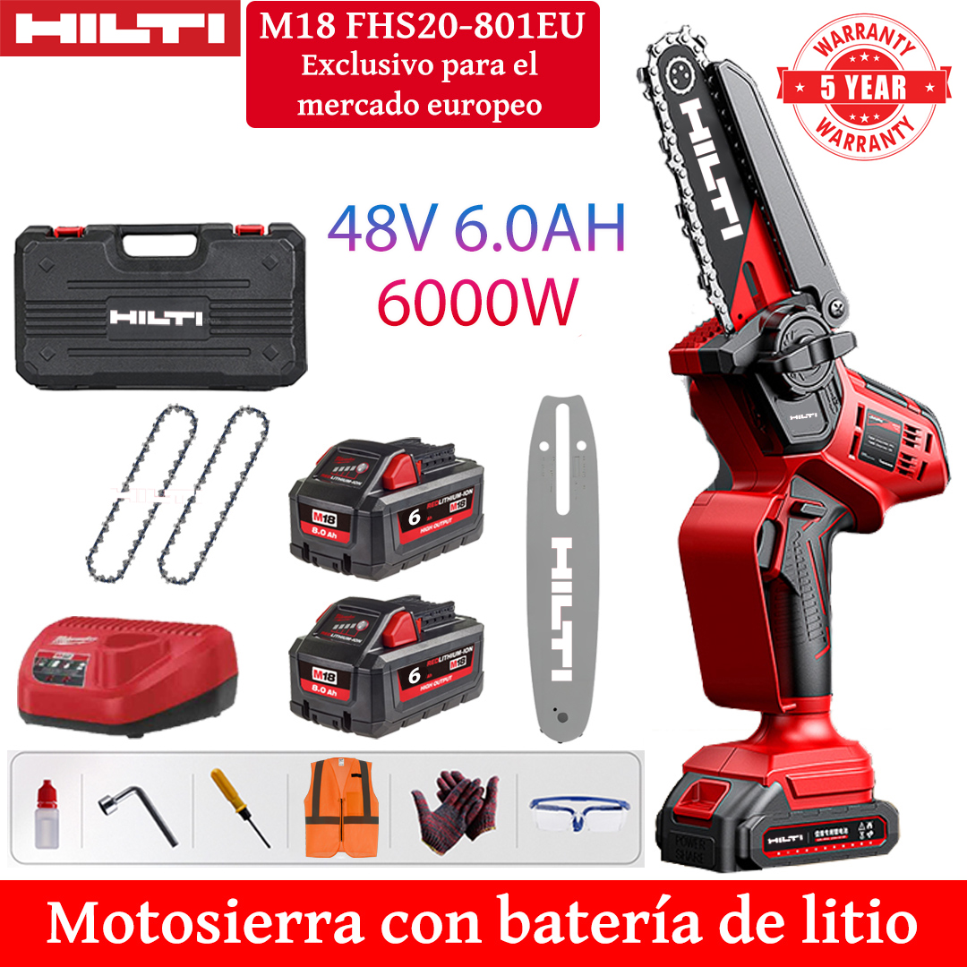 Motosserra elétrica de lítio de 8 polegadas com potência de 6000 W, equipada com bateria de 48 V 6,0 Ah * 2, carregador, placa guia * 1, corrente * 2, caixa de ferramentas, lubrificante e óculos