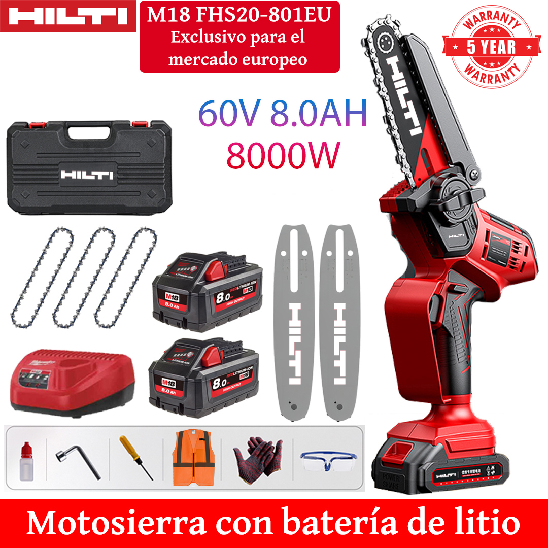 Motosserra elétrica de lítio de 8 polegadas com potência de 8.000 W, equipada com bateria de 60 V 8,0 Ah * 2, carregador, placa guia * 2, corrente * 3, caixa de ferramentas, lubrificante e óculos