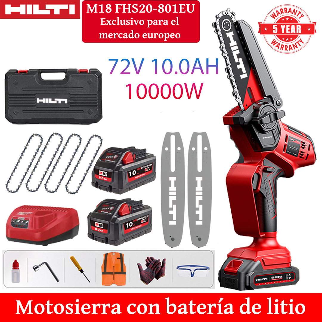 Motosserra elétrica de lítio de 8 polegadas com potência de 10.000 W, equipada com bateria de 72 V 10,0 Ah * 2, carregador, placa guia * 2, corrente * 4, caixa de ferramentas, lubrificante e óculos