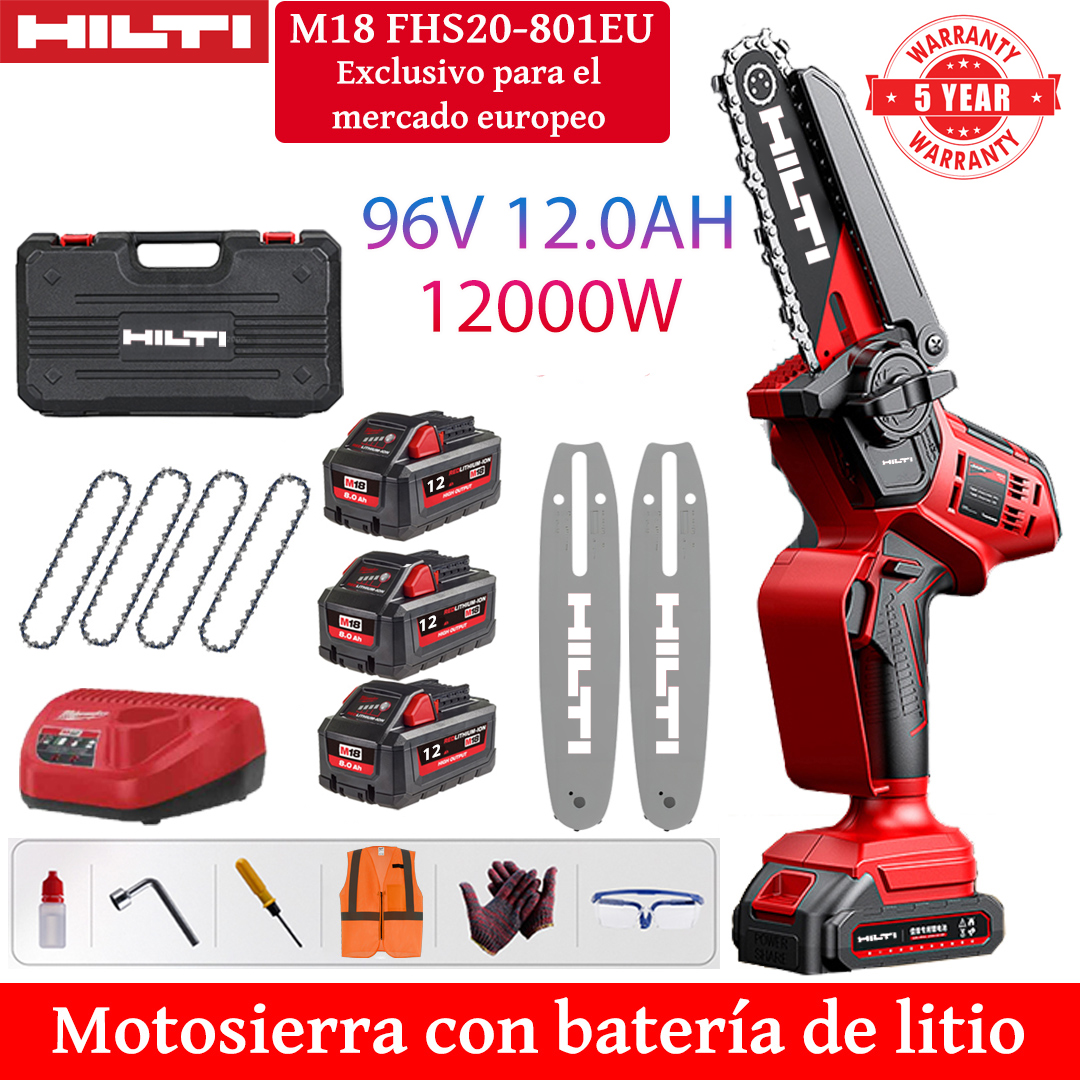 Motosserra elétrica de lítio de 8 polegadas com potência de 12.000 W, equipada com bateria de 96 V 12,0 Ah * 3, carregador, placa guia * 2, corrente * 4, caixa de ferramentas, lubrificante e óculos