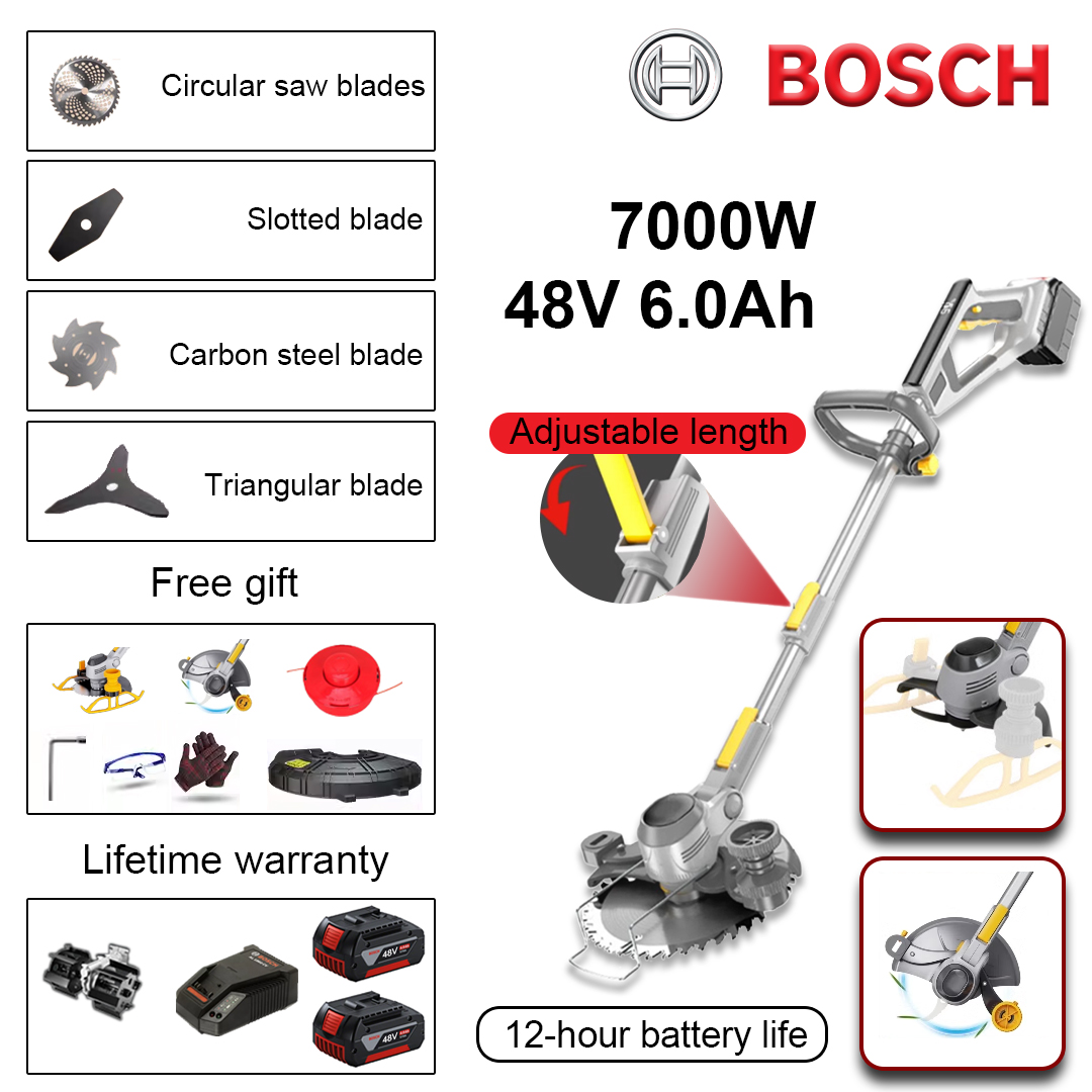 (Vida útil da bateria 12 horas) Corta-relva de 7000 W * 1 + bateria de lítio 48V 6,0Ah * 2 + lâmina de serra circular * 1 + lâmina de serra reta * 1 + cabeça de lâmina anti-enrolamento * 1 + cabeça de lâmina triangular * 1 + cabeça de lâmina de afrouxamento em liga * 1 + carregador * 1 + cabeça de corte de relva * 1 + conjunto de chave de fendas * 1 + óculos * 1 + luvas * 1 + capa de proteção * 1 + roda do depósito * 1 + roda lateral * 1