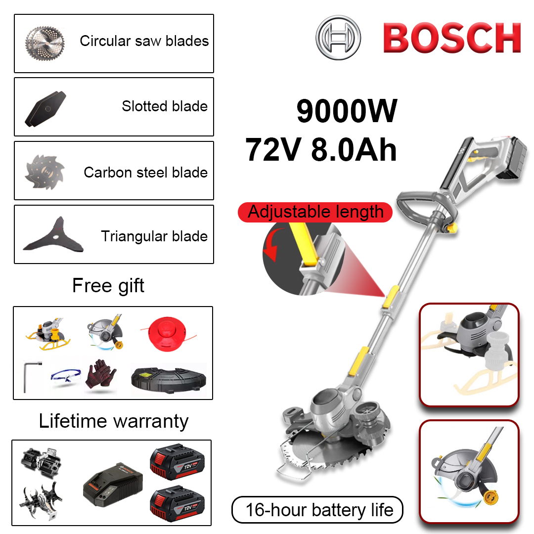 (Vida útil da bateria 16 horas) Corta-relva de 9000 W * 1 + bateria de lítio 72V 8,0Ah * 2 + lâmina de serra circular * 2 + lâmina de serra reta * 2 + cabeça de lâmina anti-enrolamento * 2 + cabeça de lâmina triangular * 1 + cabeça de lâmina de afrouxamento de liga * 1 + cabeça de capina de liga * 1 + carregador * 1 + cabeça de corte de relva * 1 + conjunto de chave de fendas * 1 + óculos * 1 + luvas * 1 + capa de proteção * 1 + roda do depósito * 1 + roda lateral * 1