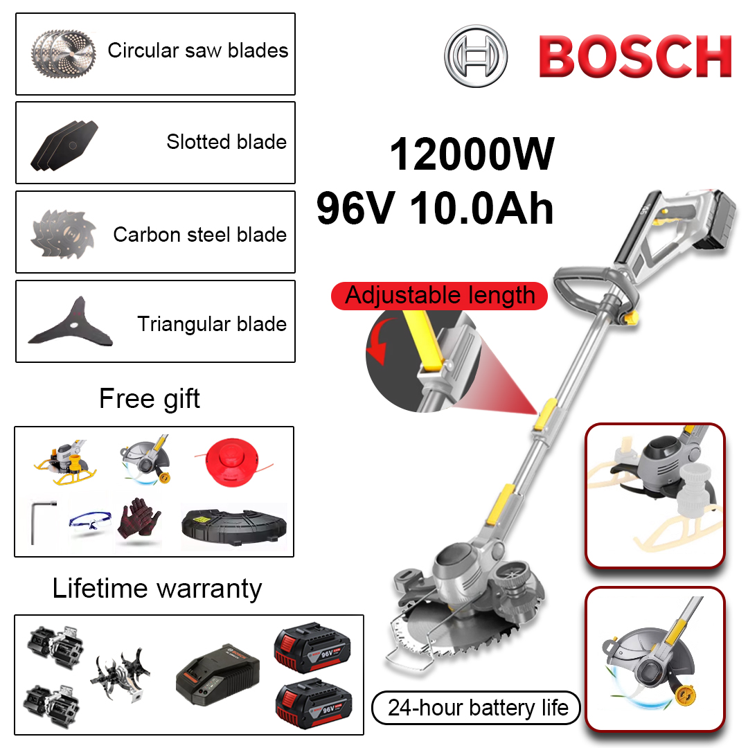 (Vida útil da bateria 24 horas) Corta-relva de 12.000 W * 1 bateria de lítio + 96 V 10,0Ah * 2 + lâmina de serra circular * 3 + lâmina reta * 3 + cabeça de lâmina anti-enrolamento * 3 + cabeça de lâmina triangular * 1 + cabeça de lâmina de afrouxamento de liga * 2 + cabeça de capina de liga * 1 + carregador * 1 + cabeça de corte de relva * 1 + conjunto de chave de fendas * 1 + óculos * 1 + luvas * 1 + capa de proteção * 1 + roda do depósito * 1 + roda lateral * 1