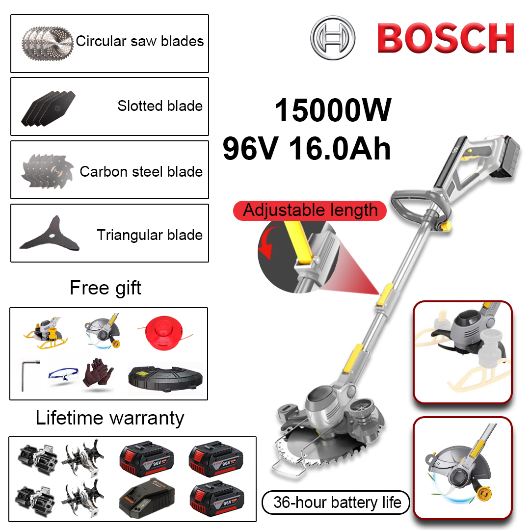 (Vida útil da bateria 36 horas) Corta-relva de 15.000 W * 1 + bateria de lítio de 96 V 16,0 Ah * 3 + lâmina de serra circular * 4 + lâmina reta * 4 + cabeça de lâmina anti-enrolamento * 4 + cabeça de lâmina triangular * 1 + cabeça de lâmina de afrouxamento de liga * 2 + cabeça de capina de liga * 2 + carregador * 1 + cabeça de corte de relva * 1 + conjunto de chave de fendas * 1 + óculos * 1 + luvas * 1 + capa de proteção * 1 + roda do depósito * 1 + roda lateral * 1